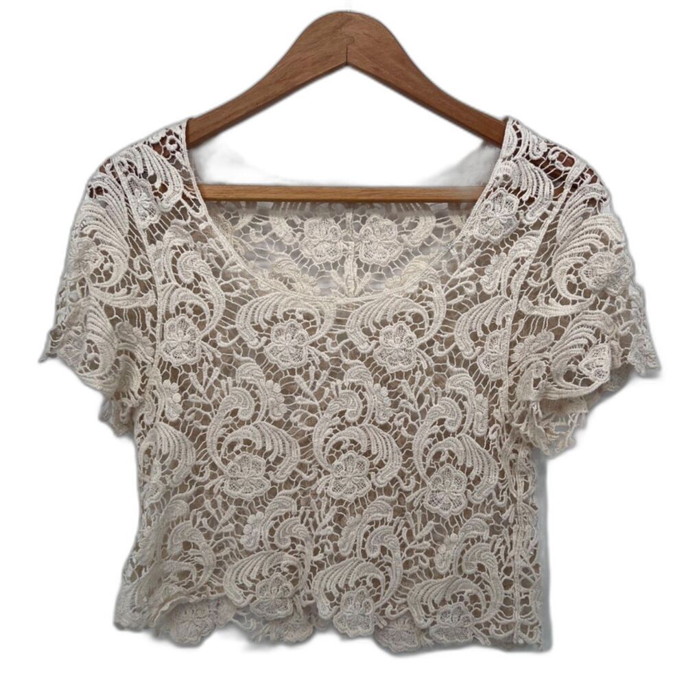Debut Crochet Lace Cropped Short Sleeve‎ Boho Fairy Core Soft Girl Blouse Sz S/M